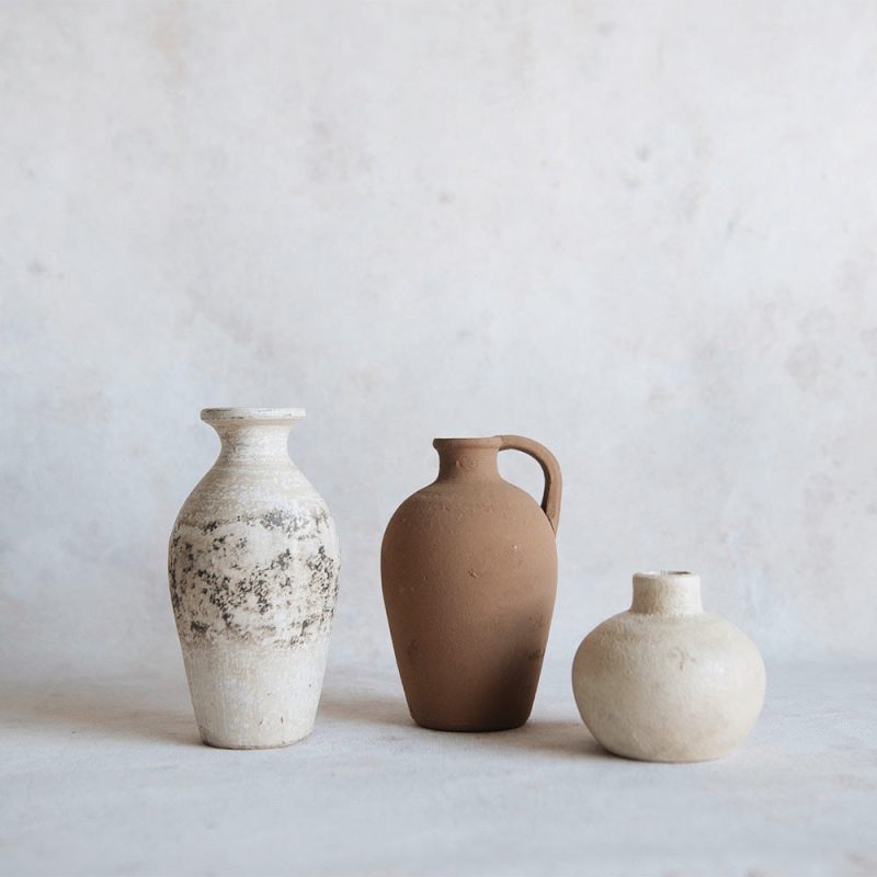 rustic clay vase trio