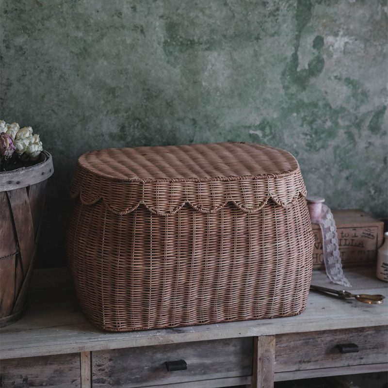 sage scalloped rattan storage basket