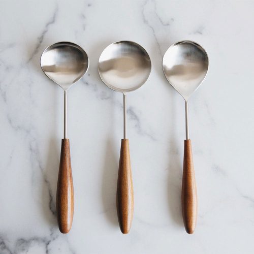 stainless steel and wood serving spoons